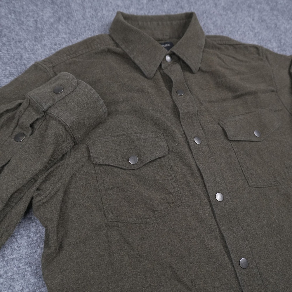 Banana Republic Flannel Shirt Mens Medium Olive Green Snap Front Utility Cotton